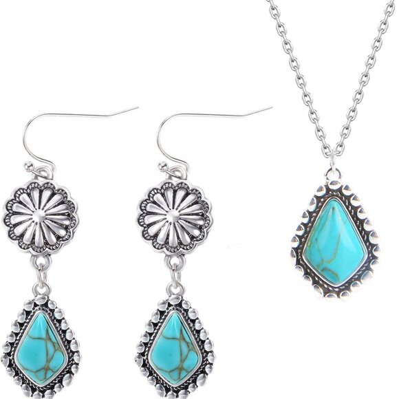 Turquoise Dangle Earrings & Necklace Set for Women 925 Sterling Silver Western